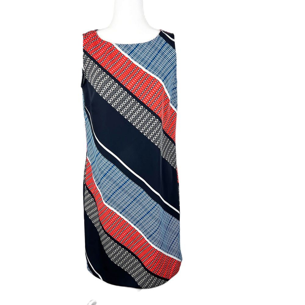 Ann Taylor Dress Women 8 Tall Blue Orange Diagonal Stripe Print Midi Sleeveless